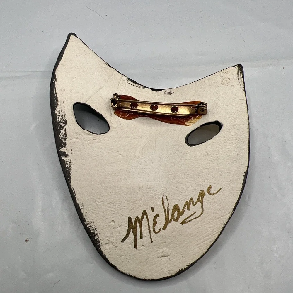 Vintage Melange Ceramic Mask Brooch Pin Hand Painted Black Gold Theater Art Wear